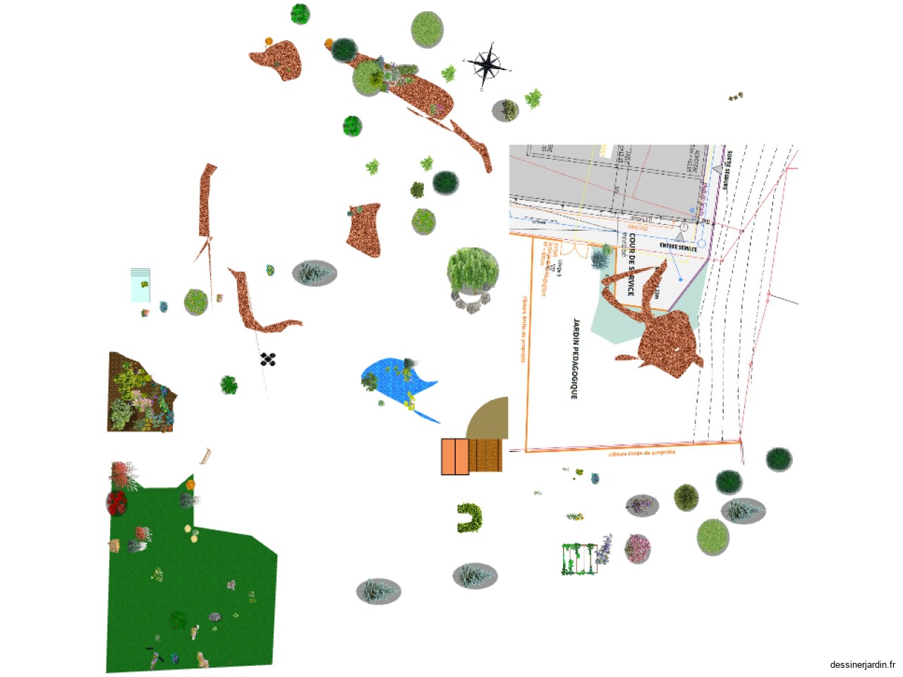 Plan terrasse jardin bassins étang saule 