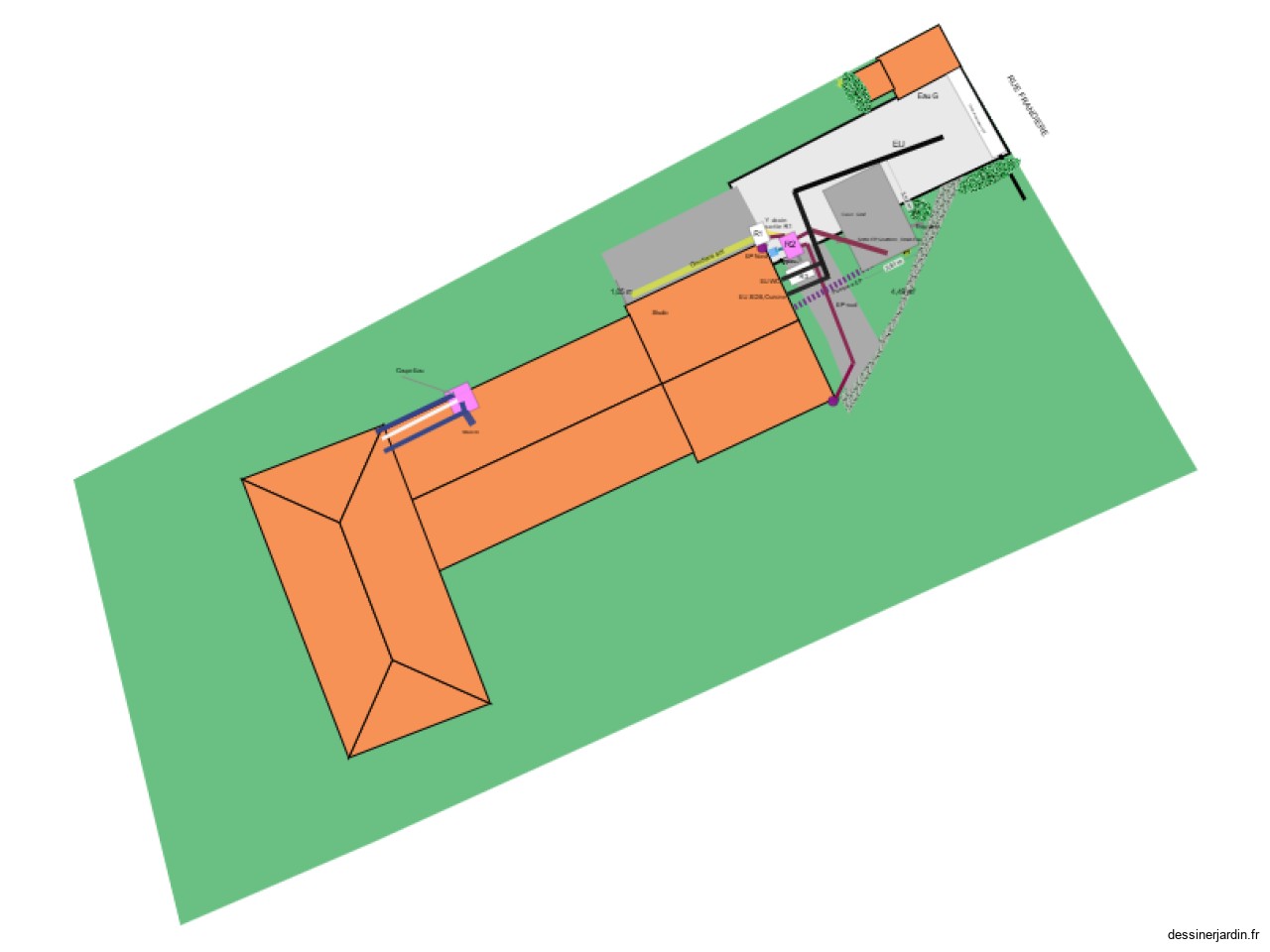 Plan de l'entrée Jardin AM212 sortie EP,Drain,Goutiere, Eau et Bypass